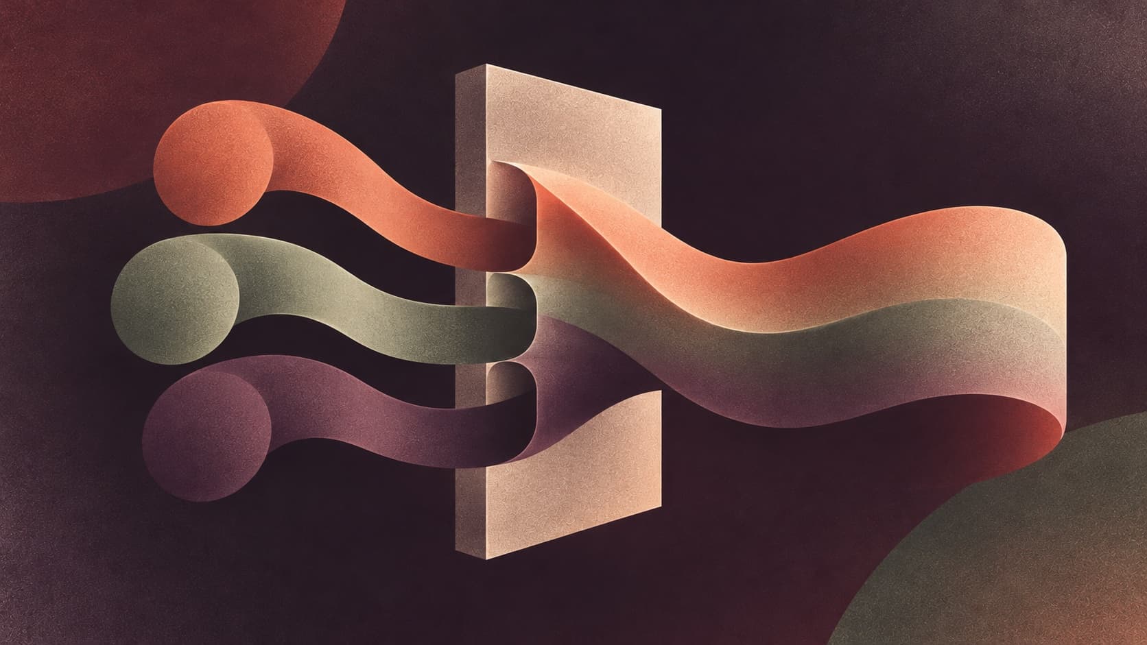 Separate sculptural forms join into a continuous ribbon, suggesting individual AI use becoming a shared workflow.