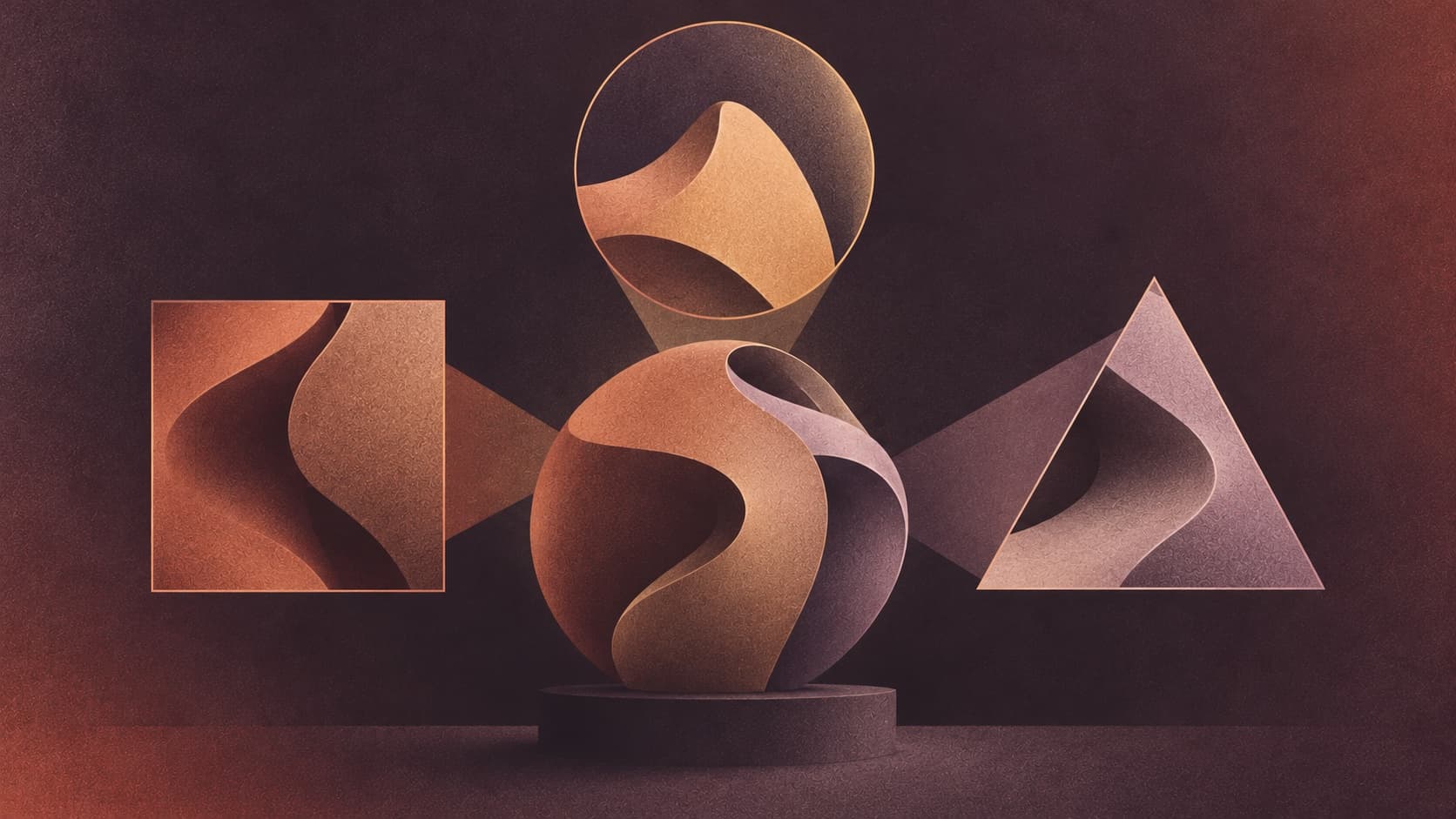 Three abstract apertures frame different views of one form, suggesting a comparison of AI tools.